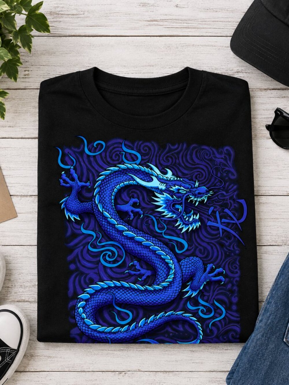 Blue Dragon Chinese Symbol Graphic Tee Black Streetwear Mythical Unisex T-Shirt